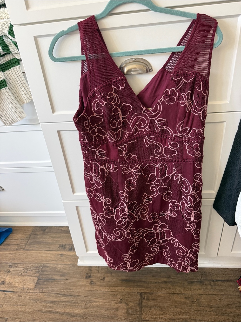 Anthropologie (Moulinette Soeurs) Wine-Red Floral Lace Mini Dress